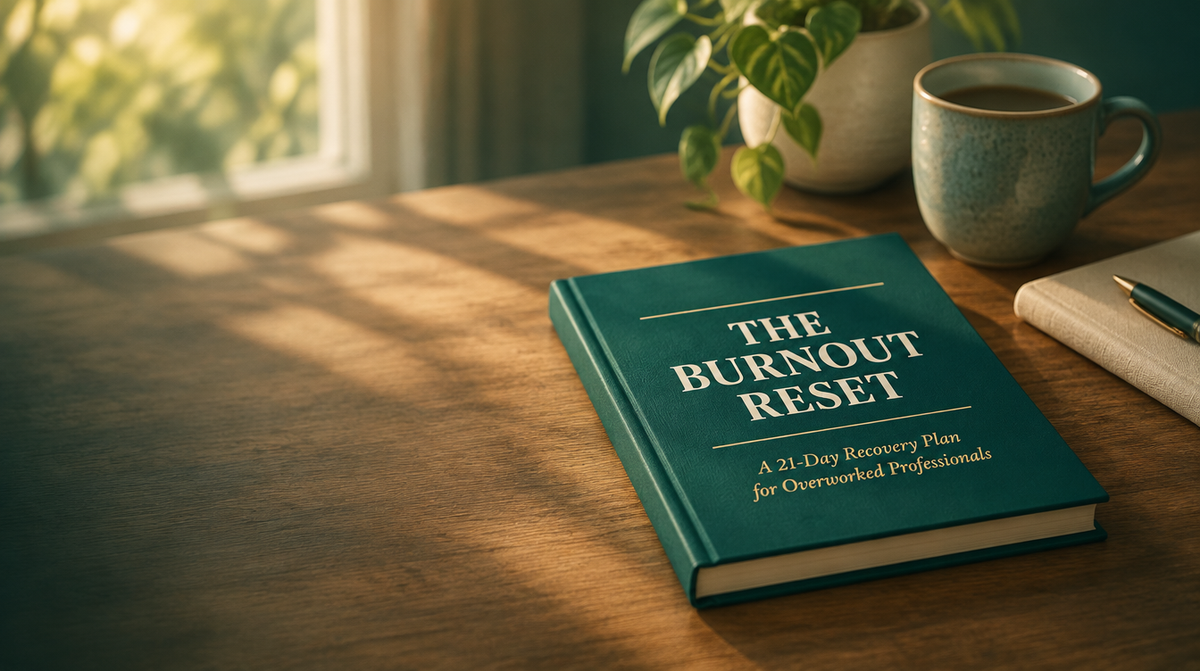 The Burnout Reset hero banner - workbook on desk with morning light